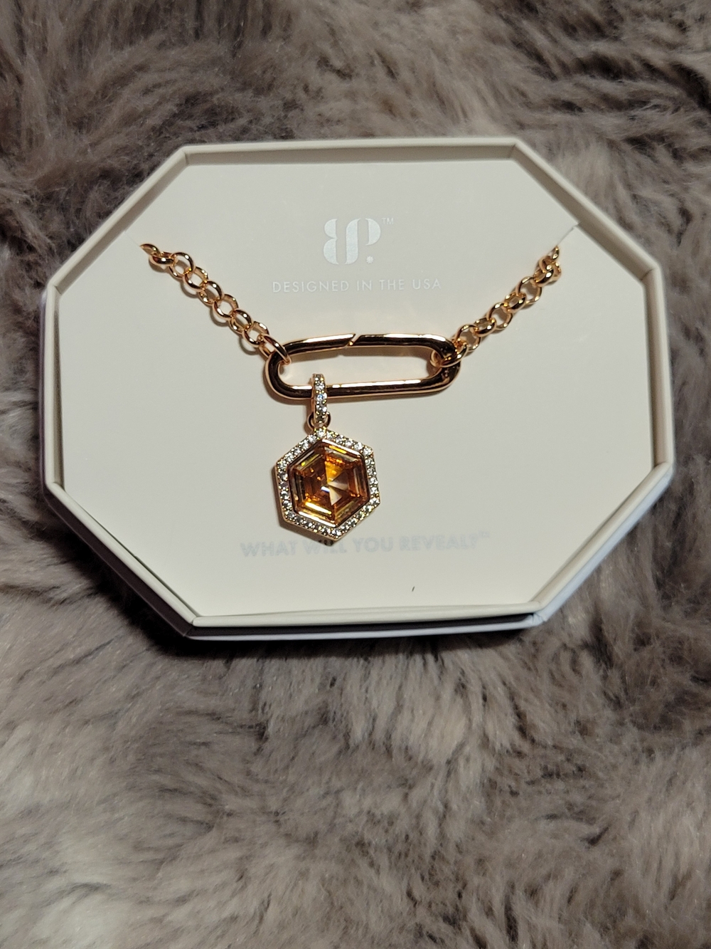 Gold-Tone Necklace with Amber Hexagon Crystal Pendant by BP.